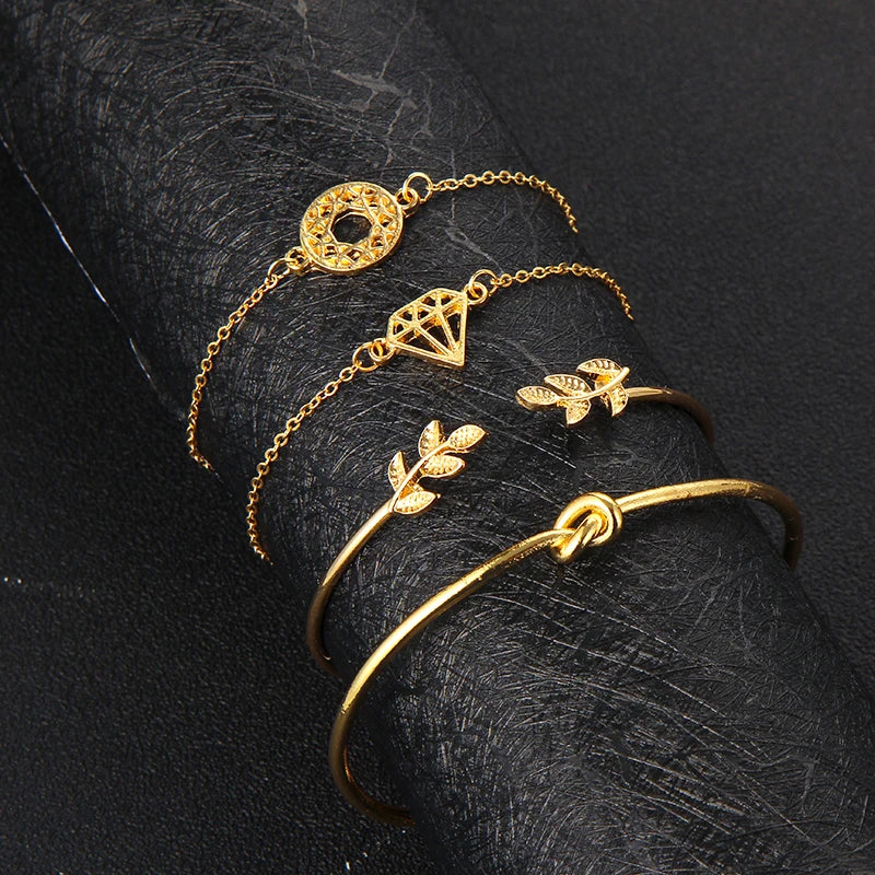 4 Pcs Bohemia Leaf Knot Hand Cuff Link Chain Bracelet Sets