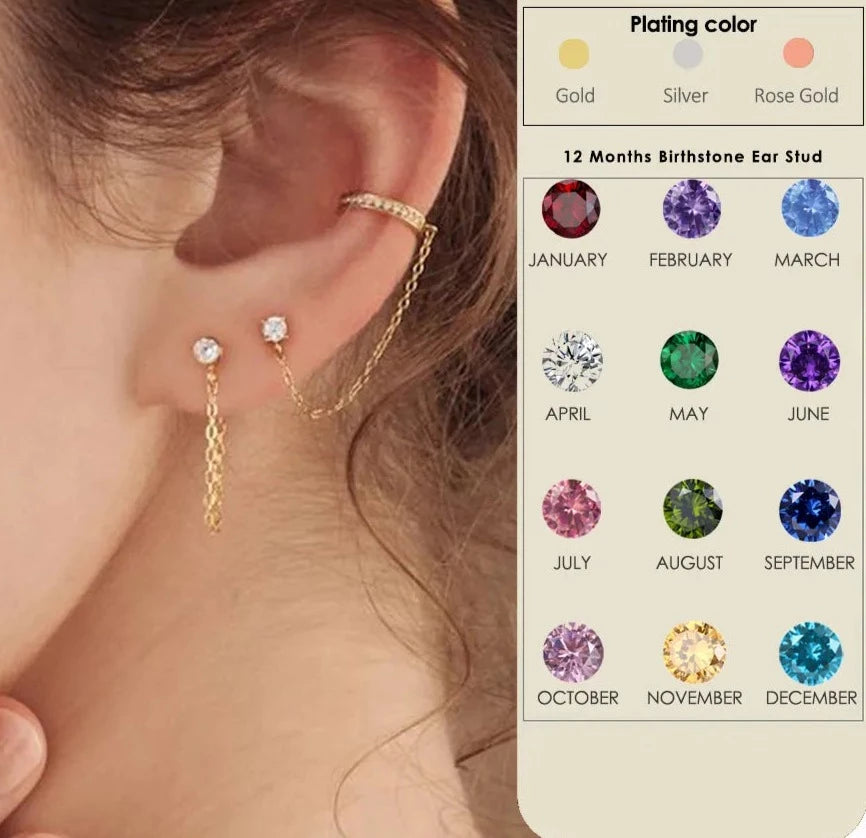 Birthstone Gold Plated Chain Stainless Steel Stud Earrings