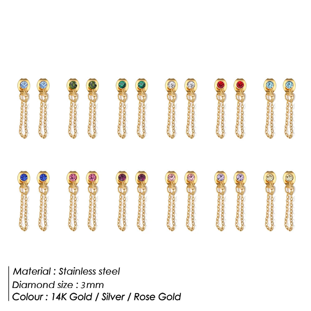 Birthstone Gold Plated Chain Stainless Steel Stud Earrings