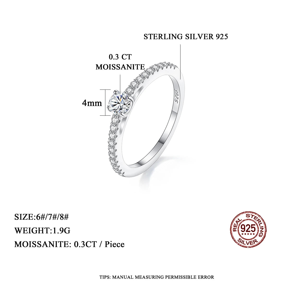 Simple Stylish 925 Sterling Silver Moissanite Ring
