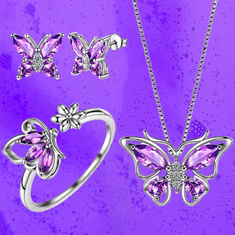 Butterfly Pendant Necklace/Earrings/Rings Set for Women